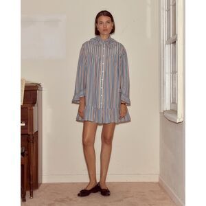 Bode Regatta Stripe Mini Dress Printed Ruffle Collared Pleated Cotton L 286763